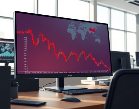 EUR/USD chart declining on a trading desk as Middle East tensions impact currency markets.
