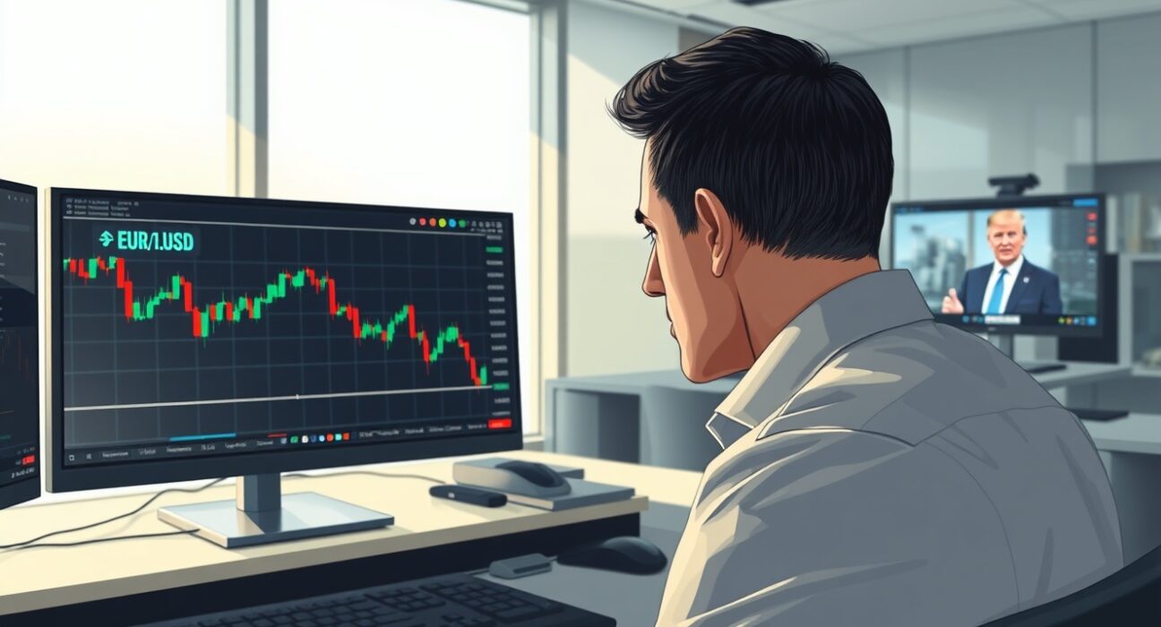 Trader analyzes EUR/USD forecast chart dropping below 1.1550 amid Trump Iran war news.