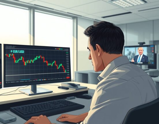 Trader analyzes EUR/USD forecast chart dropping below 1.1550 amid Trump Iran war news.