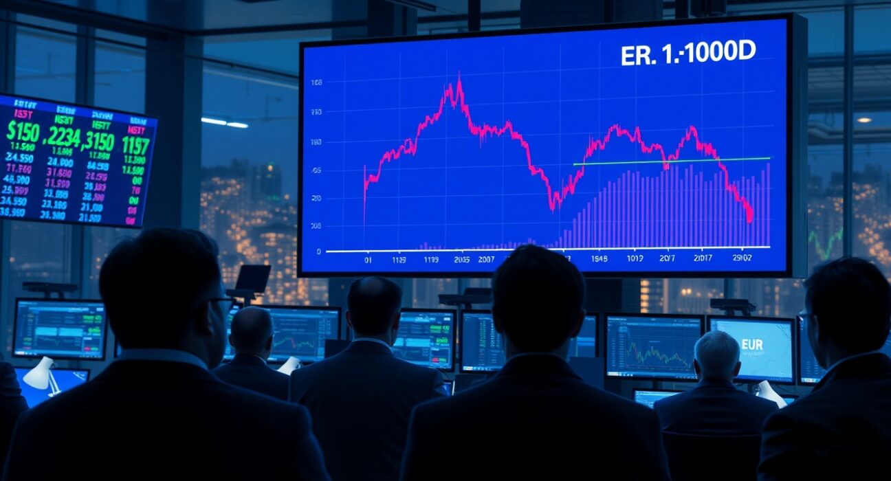 EUR/USD declines to near 1.1700 as traders monitor a downward chart on a trading floor ahead of the Fed rate decision.