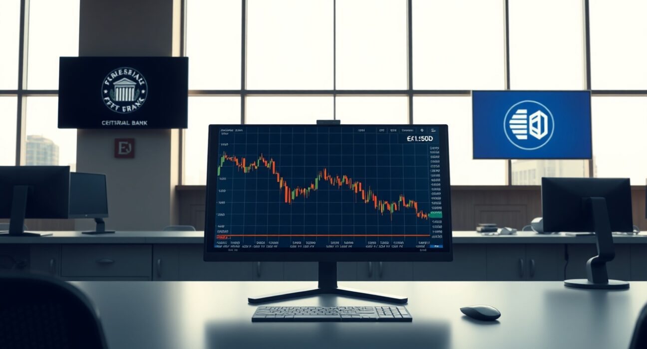 EUR/USD forex chart declining below 1.1500 ahead of Federal Reserve and ECB rate decisions.