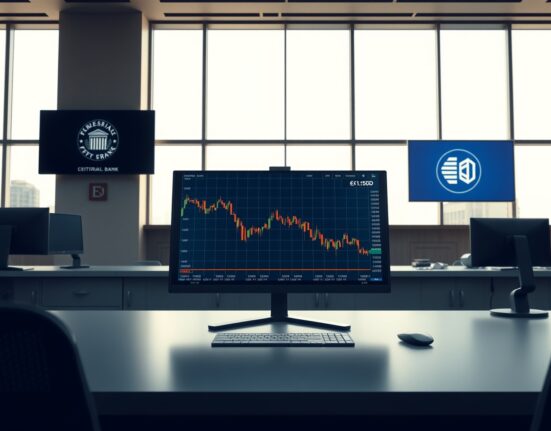 EUR/USD forex chart declining below 1.1500 ahead of Federal Reserve and ECB rate decisions.