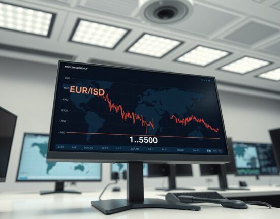 EUR/USD forex chart declining amid Middle East geopolitical tensions on a trading desk screen.