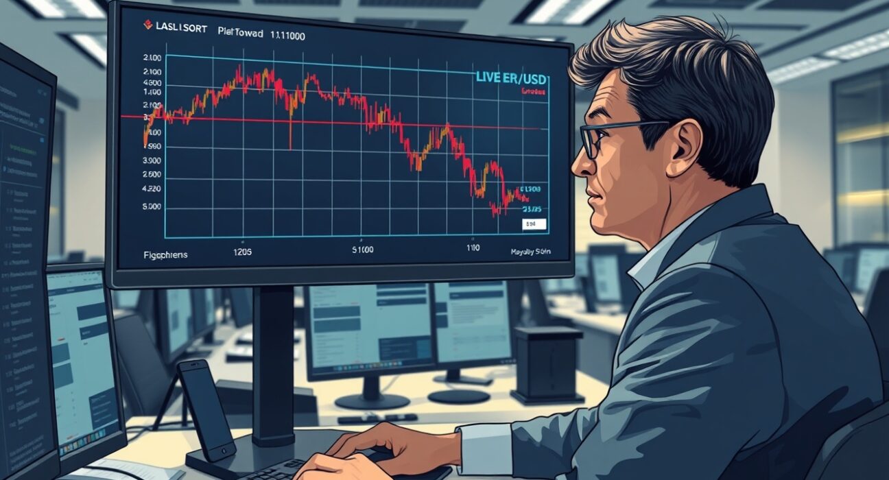 Trader analyzing EUR/USD forex chart decline amid Middle East conflict market turmoil.