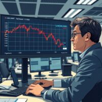 Trader analyzing EUR/USD forex chart decline amid Middle East conflict market turmoil.