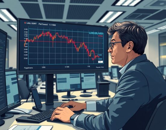 Trader analyzing EUR/USD forex chart decline amid Middle East conflict market turmoil.