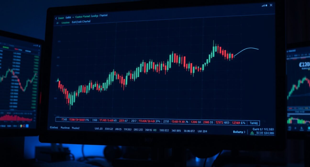 EUR/USD candlestick chart showing descending channel pattern on a trading monitor in a dimly lit room.