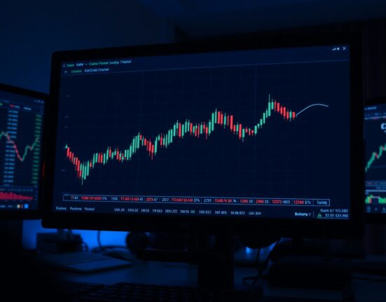 EUR/USD candlestick chart showing descending channel pattern on a trading monitor in a dimly lit room.