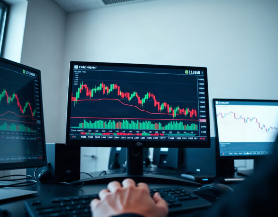 EUR/USD price chart declining toward 1.1650 on trading monitor
