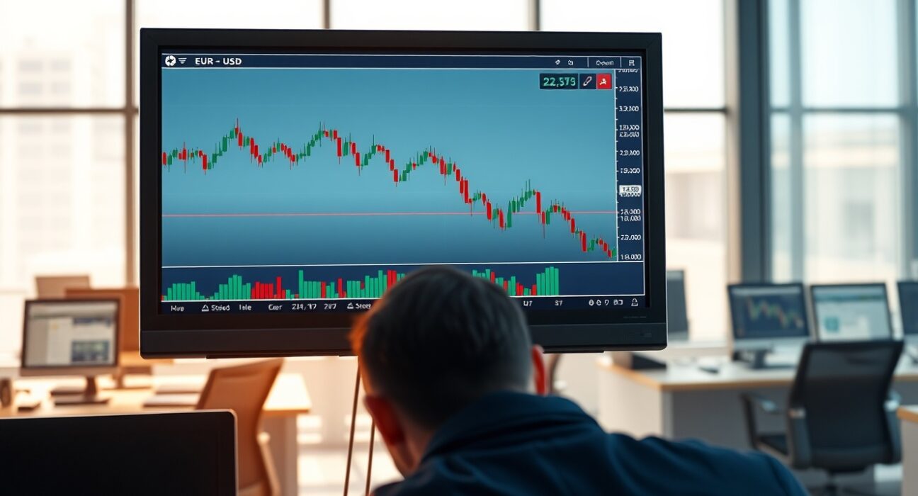 EUR/USD forex chart analysis showing US Dollar strength against Euro on trading desk monitor