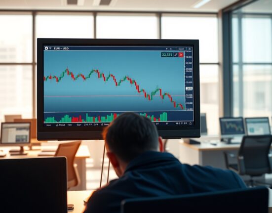 EUR/USD forex chart analysis showing US Dollar strength against Euro on trading desk monitor