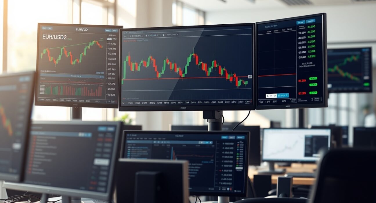 EUR/USD technical analysis charts showing downside bias on professional trading desk monitors