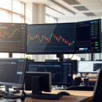 EUR/USD technical analysis charts showing downside bias on professional trading desk monitors