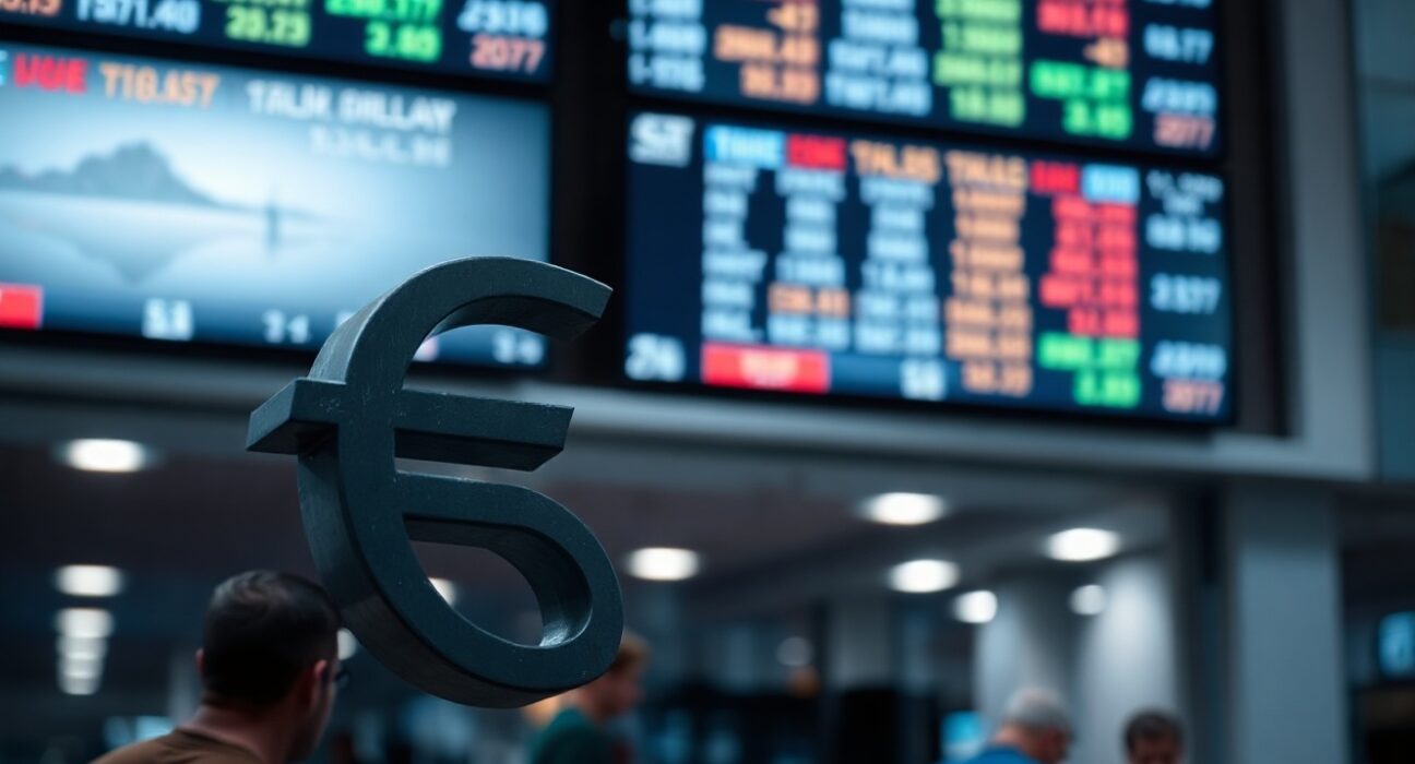 Euro and US dollar symbols on a trading board with market charts in background