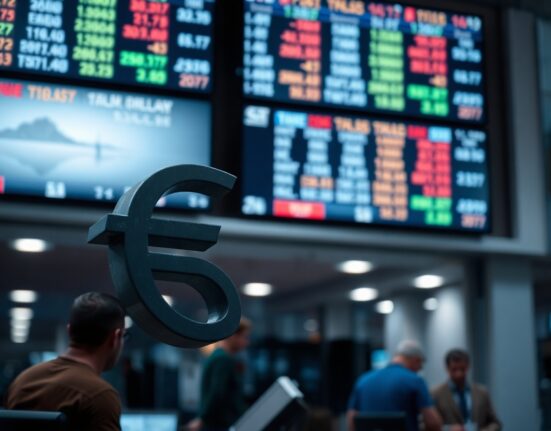 Euro and US dollar symbols on a trading board with market charts in background