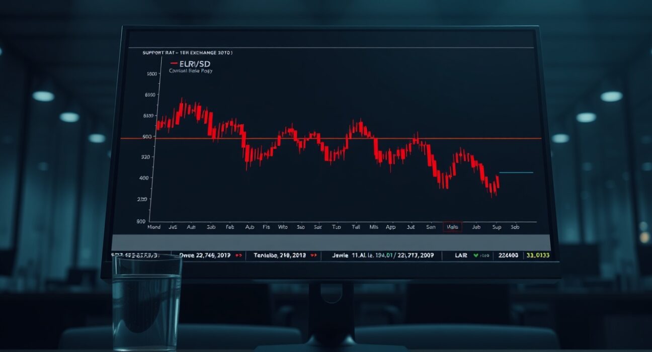 EUR/USD downside risk chart analysis from UOB showing a defined trading range on a monitor.