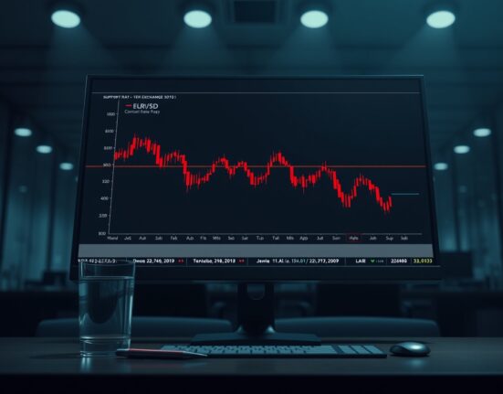 EUR/USD downside risk chart analysis from UOB showing a defined trading range on a monitor.