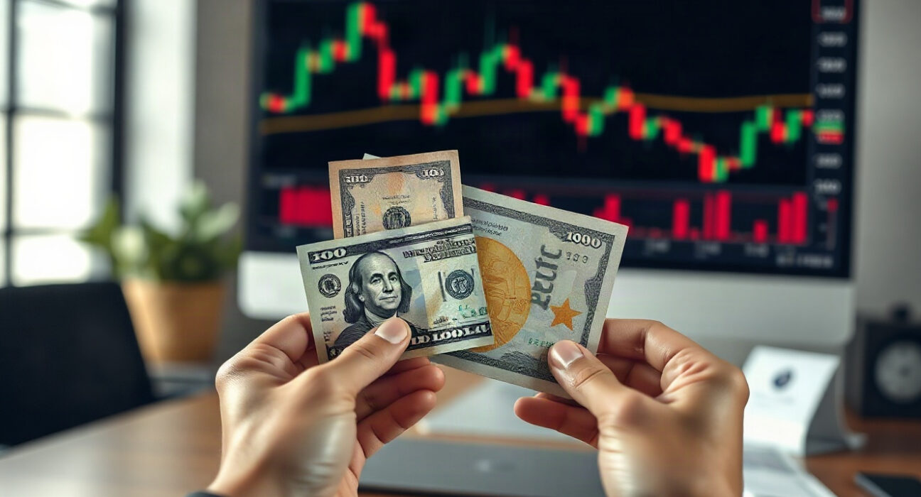 Euro and US Dollar banknotes with a declining chart in the background