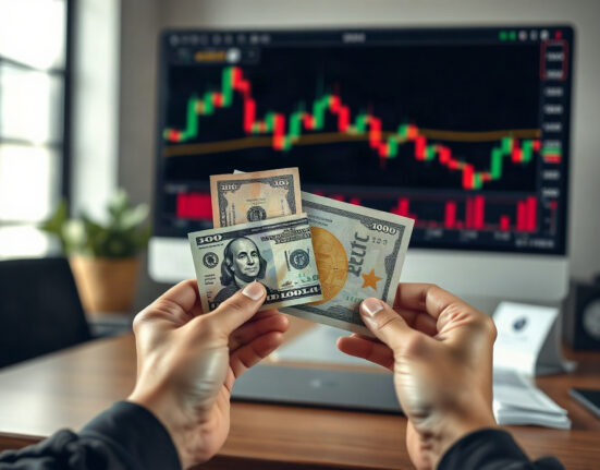 Euro and US Dollar banknotes with a declining chart in the background