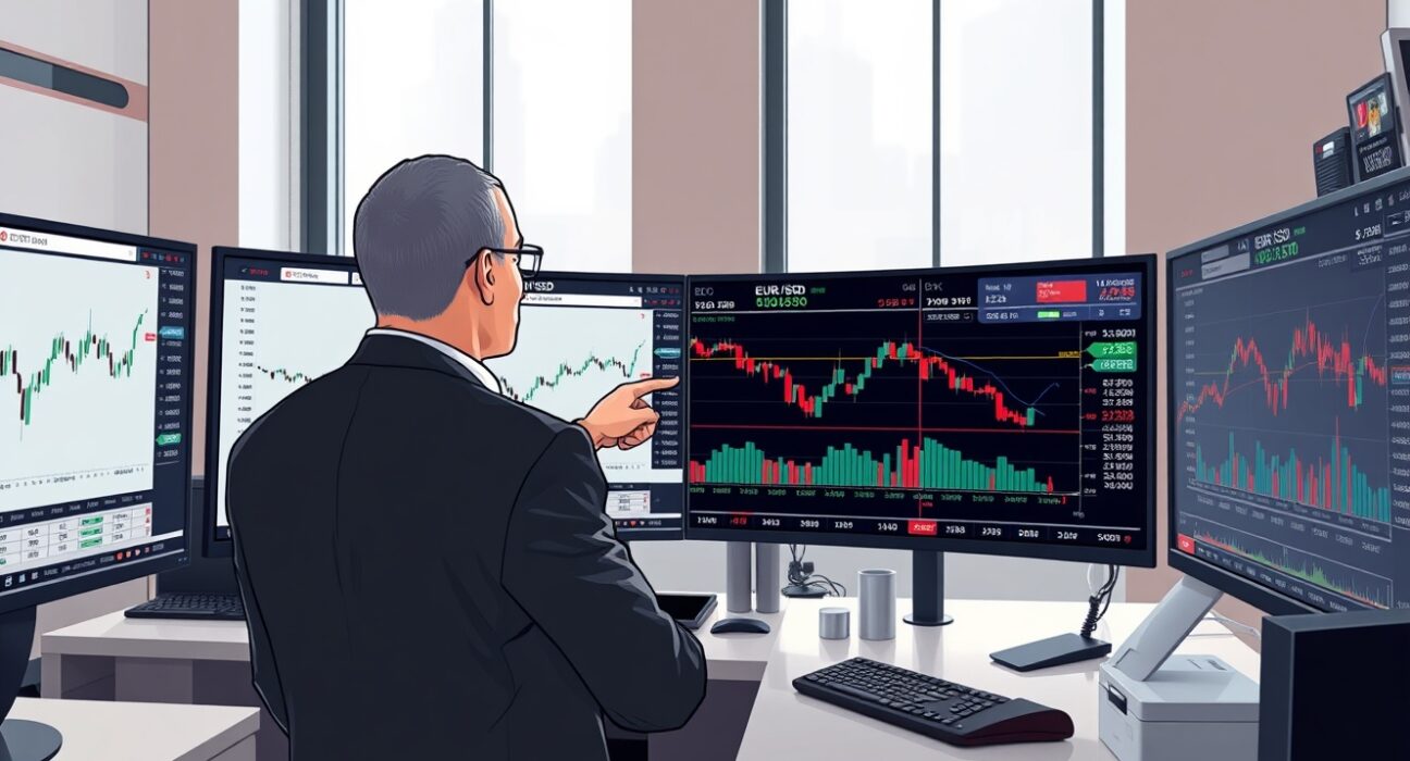 Financial analyst examining EUR/USD currency charts and ECB policy data in trading environment