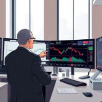 Financial analyst examining EUR/USD currency charts and ECB policy data in trading environment