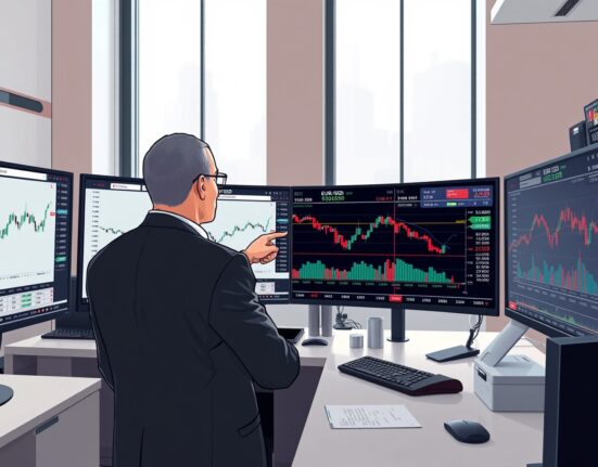 Financial analyst examining EUR/USD currency charts and ECB policy data in trading environment