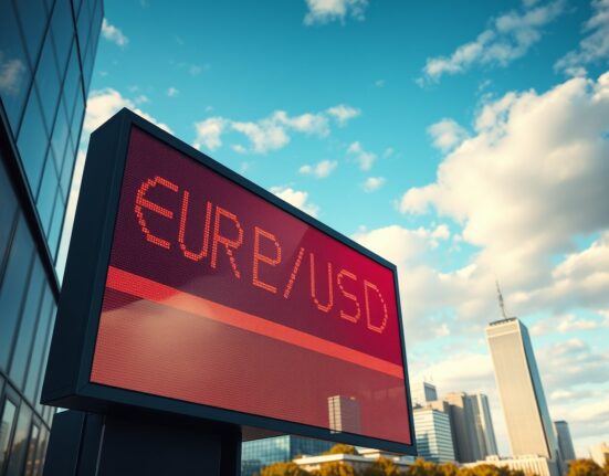 EUR/USD exchange rate board showing decline, reflecting downside risks and heavy tone analyzed by ING