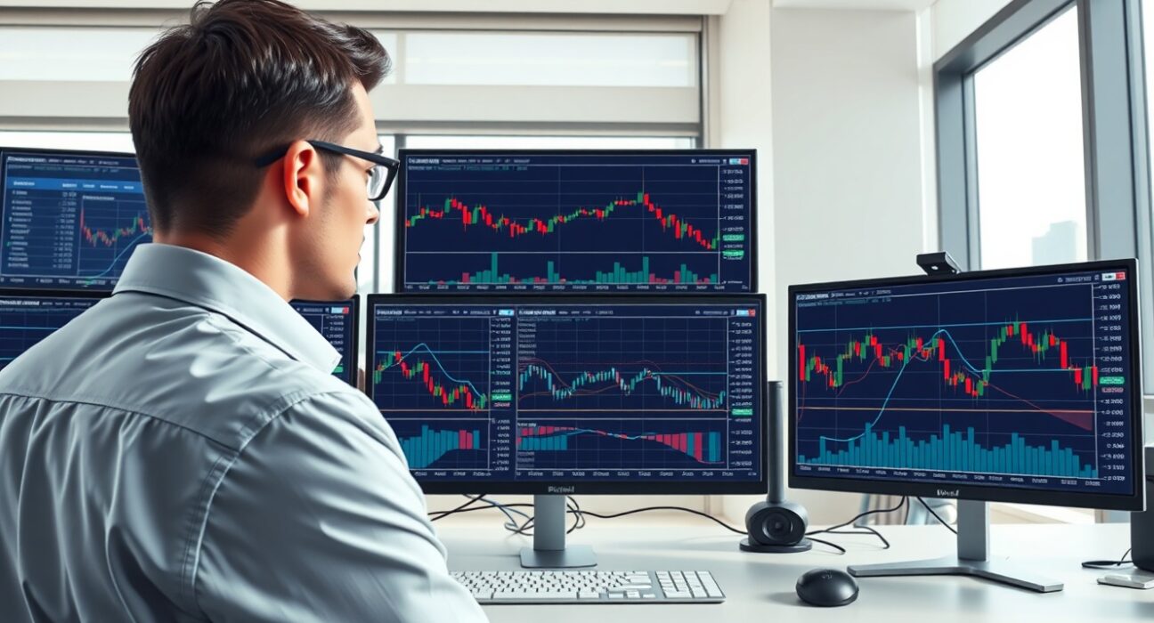 Financial analyst examining EUR/USD technical charts and market data for currency forecast analysis