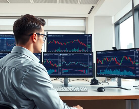 Financial analyst examining EUR/USD technical charts and market data for currency forecast analysis