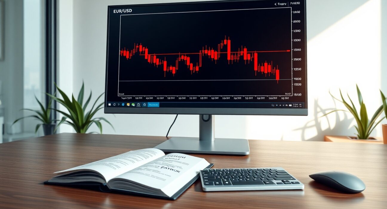 EUR/USD technical analysis chart showing downtrend on professional trading monitor with Danske Bank forecast context.