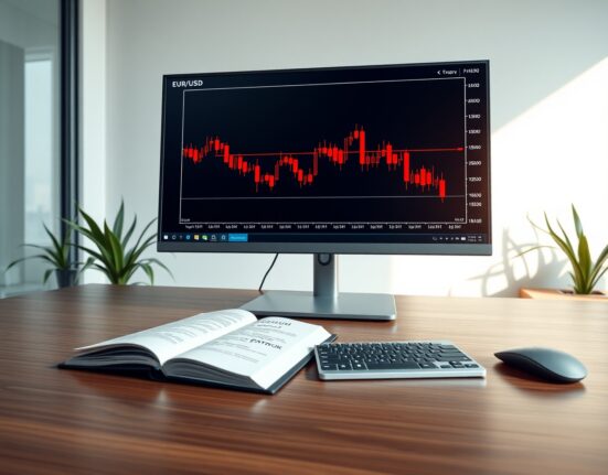 EUR/USD technical analysis chart showing downtrend on professional trading monitor with Danske Bank forecast context.