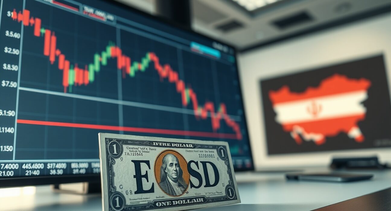 EUR/USD drops as strong US data and Iran impasse lift Dollar bids, shown on a trading screen with US banknote.