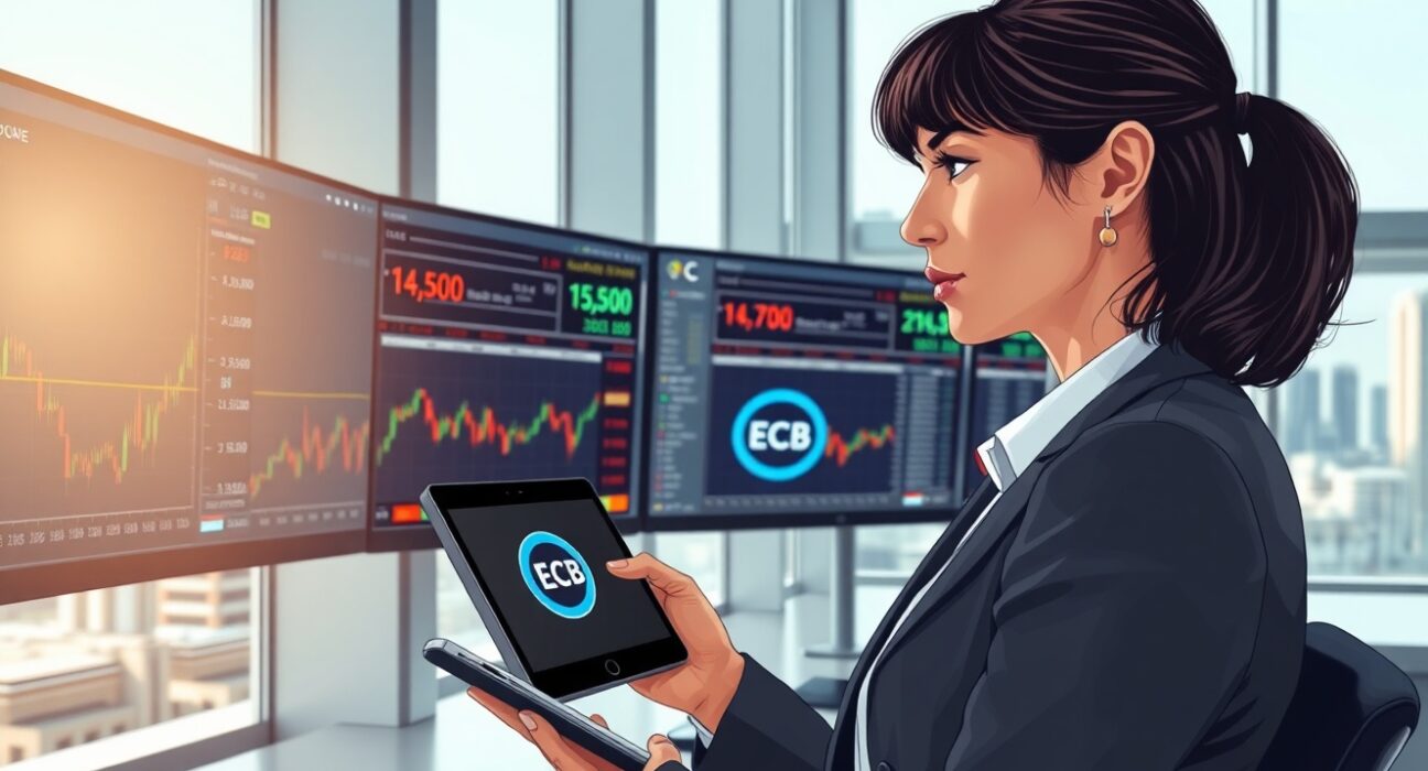Financial analyst reviewing EUR/USD exchange rate and ECB inflation data in Frankfurt trading room