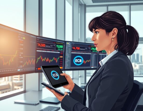 Financial analyst reviewing EUR/USD exchange rate and ECB inflation data in Frankfurt trading room