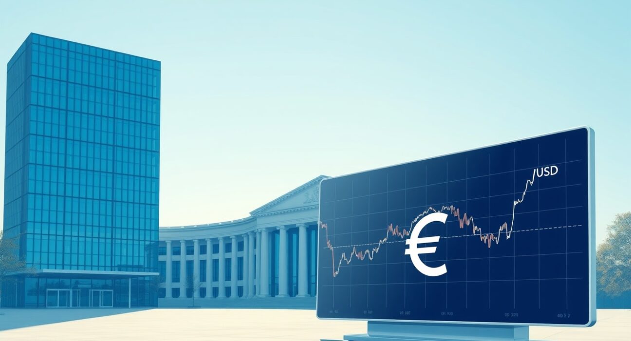 ECB building in Frankfurt with EUR/USD chart showing muted volatility, reflecting Nagel's June rate hike warning.