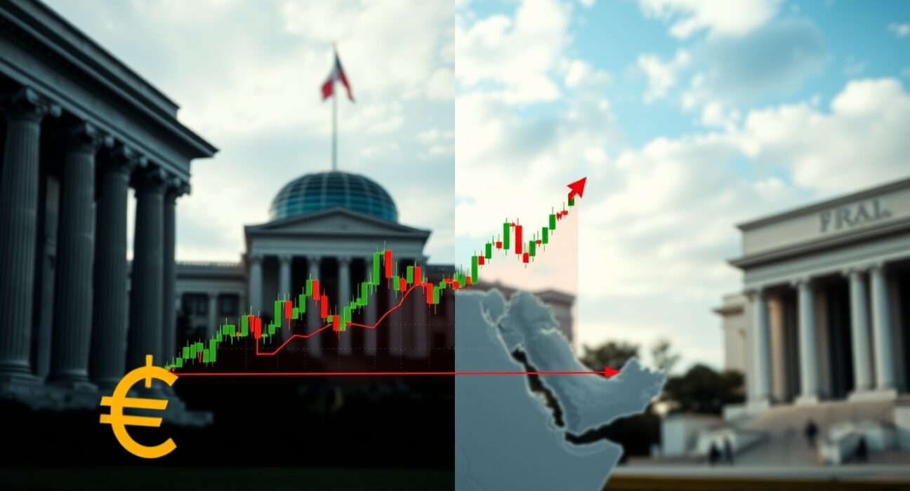 EUR/USD forex chart showing price edging higher above 1.1700 with Federal Reserve and European Central Bank buildings in background, representing market anticipation of policy decisions amid US-Iran tensions.