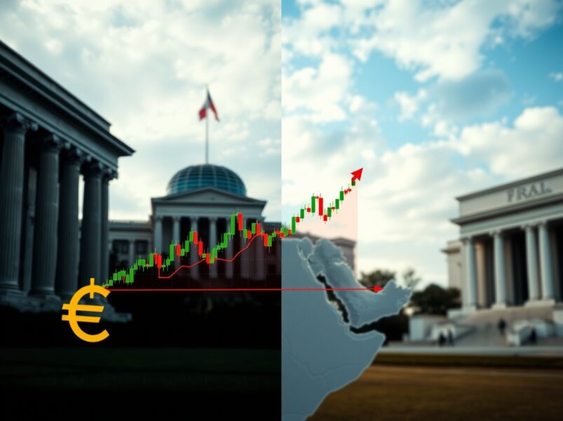 EUR/USD forex chart showing price edging higher above 1.1700 with Federal Reserve and European Central Bank buildings in background, representing market anticipation of policy decisions amid US-Iran tensions.