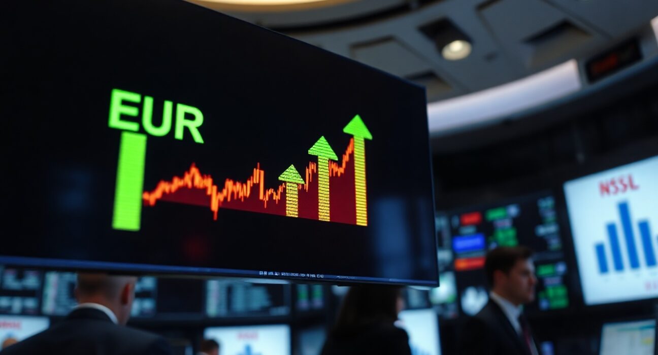 EUR/USD currency chart showing upward trend on trading screen