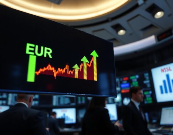 EUR/USD currency chart showing upward trend on trading screen