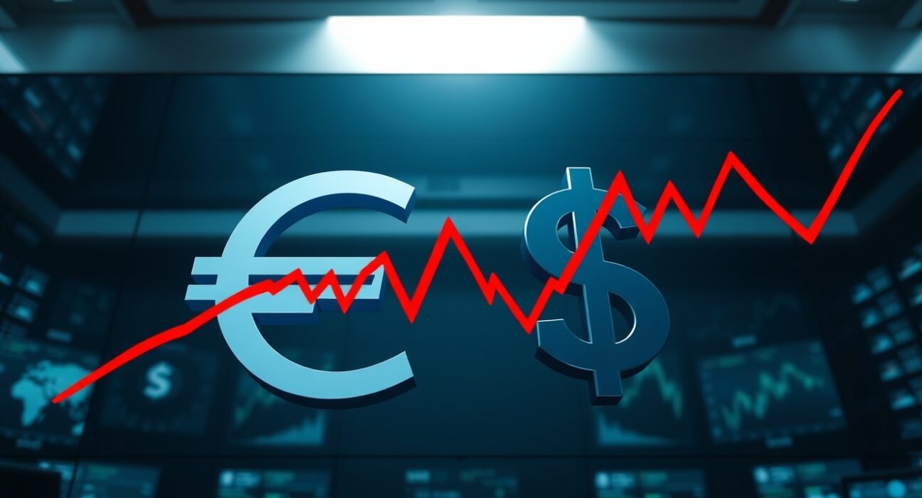 EUR/USD currency symbols crossed by an energy price shock graph on a trading floor, illustrating MUFG analysis of ECB delay and rate response.