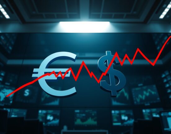 EUR/USD currency symbols crossed by an energy price shock graph on a trading floor, illustrating MUFG analysis of ECB delay and rate response.