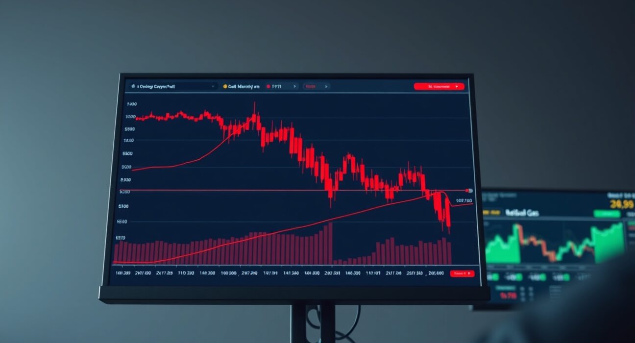 EUR/USD forex chart under pressure from energy market volatility on a trading desk monitor.
