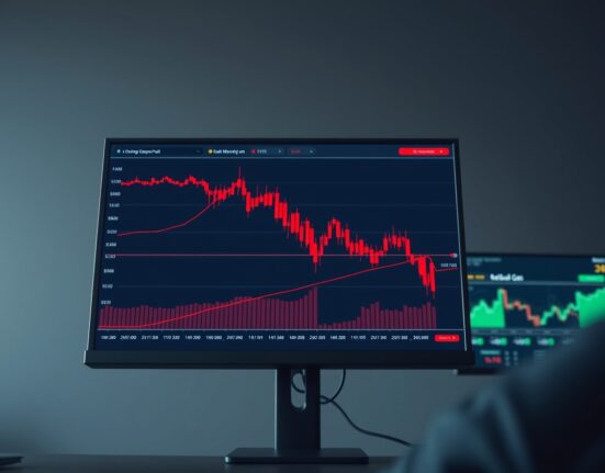 EUR/USD forex chart under pressure from energy market volatility on a trading desk monitor.