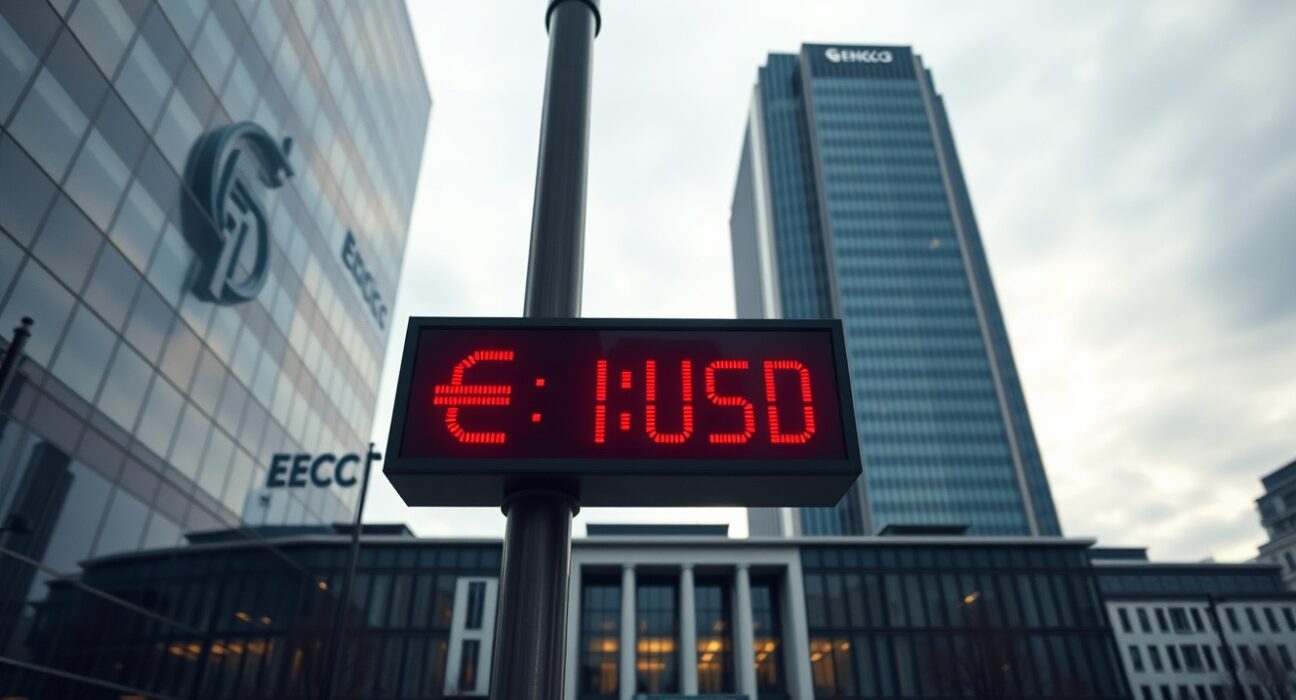 EUR/USD exchange rate board in Frankfurt with European Central Bank in background, illustrating EU policy risks and currency market pressure.