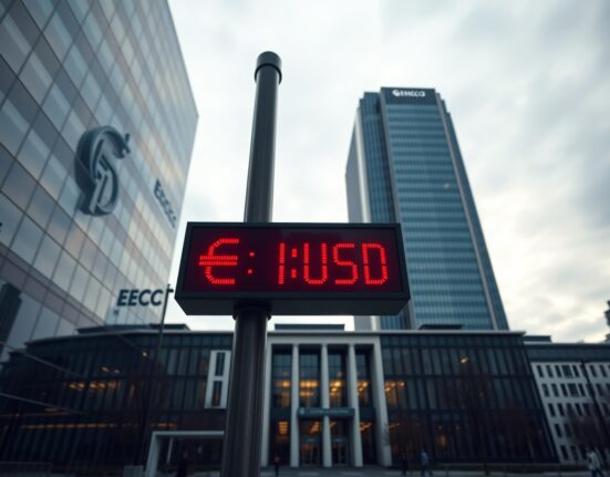 EUR/USD exchange rate board in Frankfurt with European Central Bank in background, illustrating EU policy risks and currency market pressure.