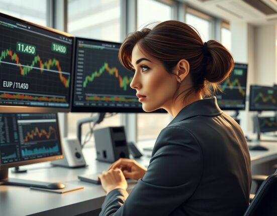 Trader analyzing EUR/USD currency pair and Eurozone HICP inflation data on trading desk monitors