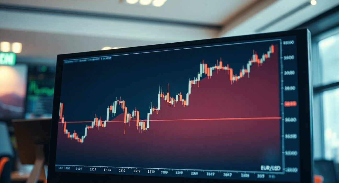 EUR/USD price chart showing upward momentum on a trading screen in a professional setting.