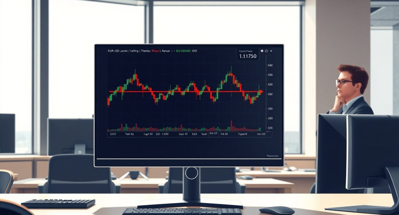 EUR/USD chart analysis showing failure to break 1.1570 resistance level on trading desk monitor.