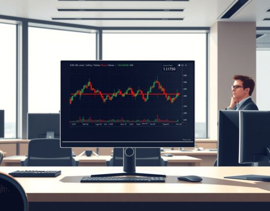 EUR/USD chart analysis showing failure to break 1.1570 resistance level on trading desk monitor.