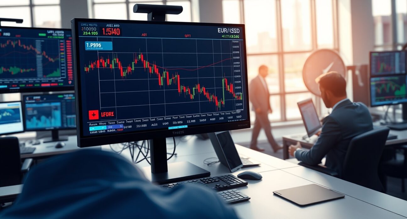 EUR/USD currency chart falling on a trading desk monitor amid Middle East conflict news.